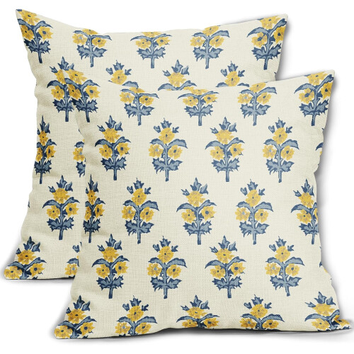 Conjunto de 2 capas de almofada florais azuis e amarelas, 40x40cm (16x16 polegadas).