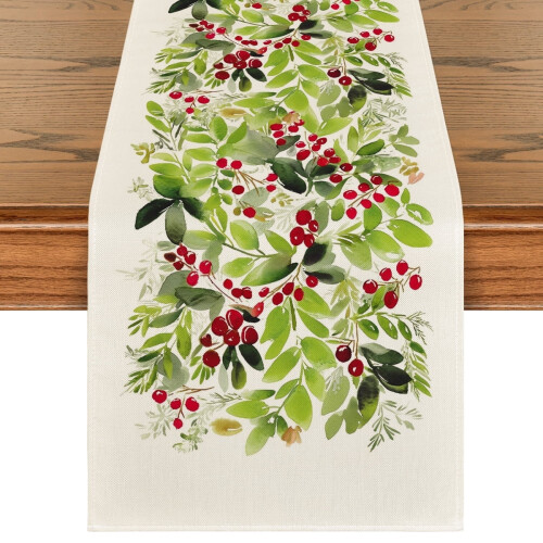 Chemin de table de Noël aquarelle houx 13 x 60 pouces