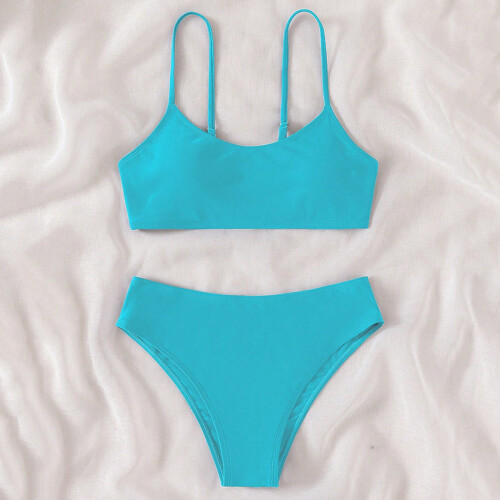 Set de costum de baie solid din 2 piese pentru fetițe, talie înaltă, tip bikini 1