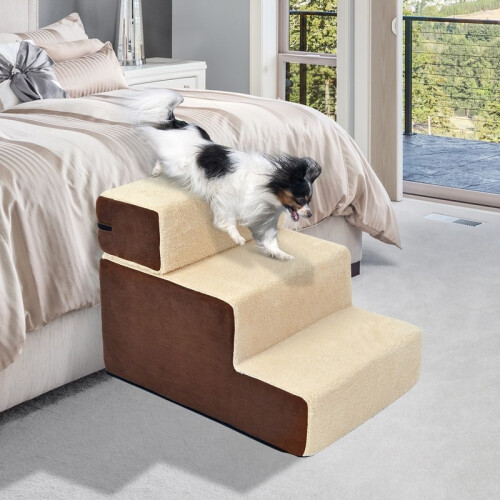 Scaletta a tre gradini in peluche per cani e gatti, beige 1