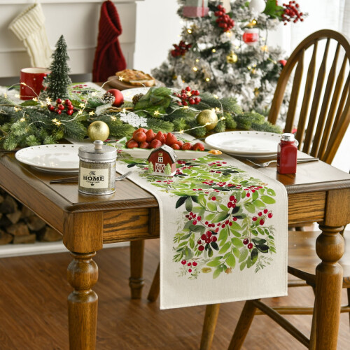 Chemin de table de Noël aquarelle houx 13 x 60 pouces 2