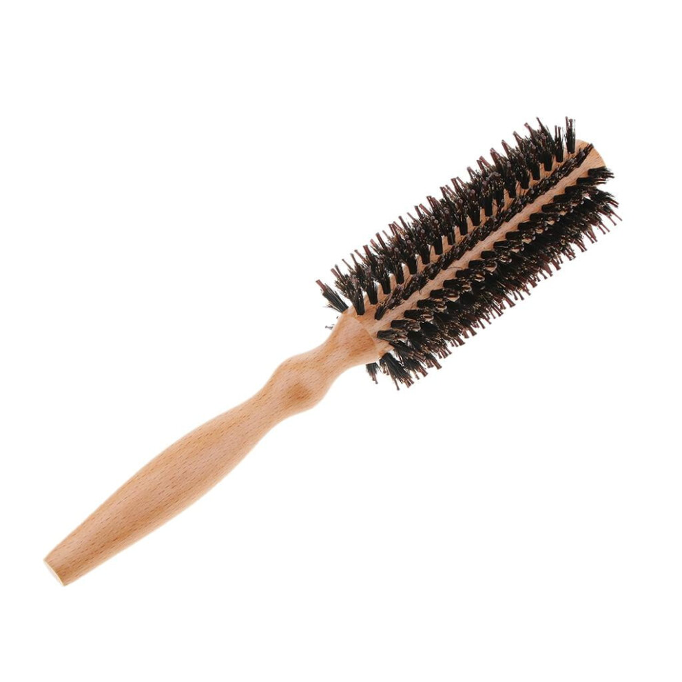 Round Hair Brush Dryer and Curler with Wooden Handle Brown