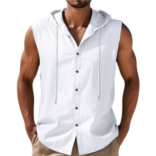 Mens Linen Shirts Hoodies Sleeveless Casual Sweatshirts Button Down Summer Beach Wedding Shirts White S