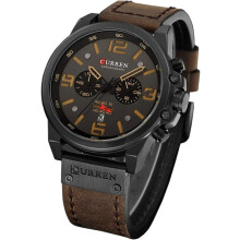 Men's Sports Watch Red Leather Strap Waterproof Quartz