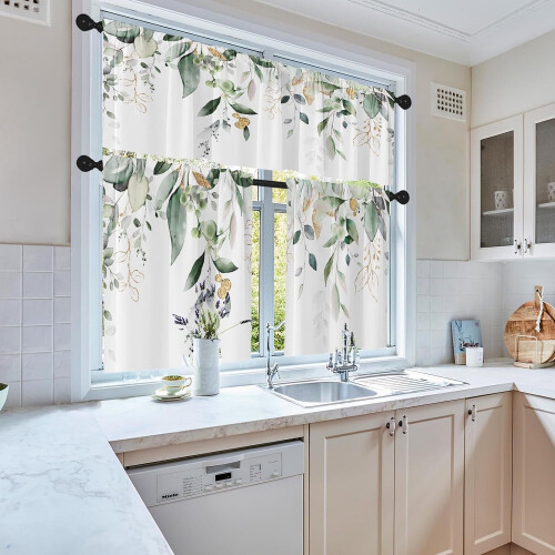 Spring Leaves Kitchen Curtains Valance & Tier Set Green 2
