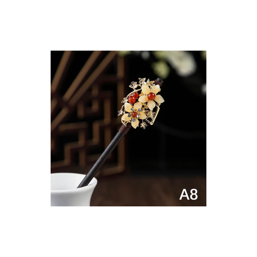 Vintage Wooden Hairpin With Winding Flower Design 962125920321