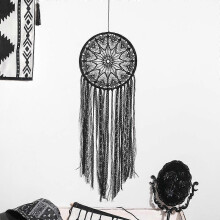 Grote zwarte dromenvanger met het boze oog, moderne boho-stijl, organisch materiaal, Turkse oog wanddecoratie voor woonruimtes.