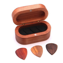Caixa Organizadora de Palhetas de Guitarra em Madeira Maciça, Marrom, com 3 Palhetas de Madeira, 85 x 45 x 40mm, proteção à prova d'água e choque