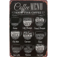 Plaque décorative rétro en métal pour menu de café, 30 x 20 cm, décoration murale pour bar, pub, café, restaurant ou maison