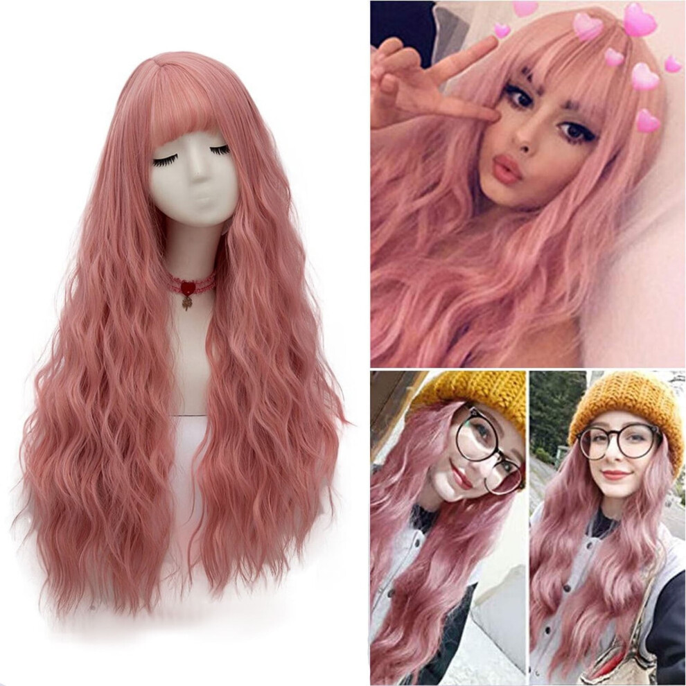 Women's Long Curly Synthetic Wig Pink Natural Look