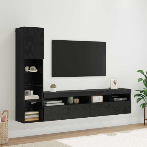 VidaXL vidaXL TV Wall Unit with LED 4 pcs Black Oak Engineered Wood