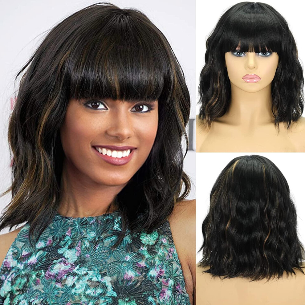 Ombre Blonde Wavy Bob Wig with Bangs Synthetic 1pc
