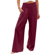 Women's high waisted cotton linen palazzo pants wine red XXL