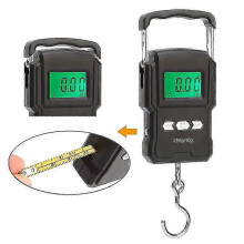 Tragbare elektronische Fischwaage bis 75 kg mit LCD-Hintergrundbeleuchtung und Maßband, schwarz