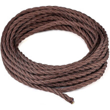 Câble électrique vintage tressé en tissu marron à 3 conducteurs, longueur 10 mètres, avec fil de terre pour suspensions et lampes.