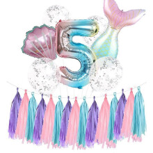 Mermaid 5th Birthday Party Decorations, Number 5 Balloon 12 Inch, Glitter Five Banner, Complete Set for Girls Mermaid Themed Party