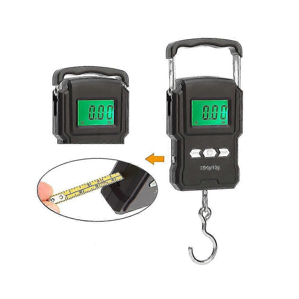 Portable Digital Fish Scale, 75Kg/165Lbs Capacity, Lcd Backlit Display, Built-In 1M Tape Measure, Hook Hanging Design, Black, 1 Unit 6901168024775