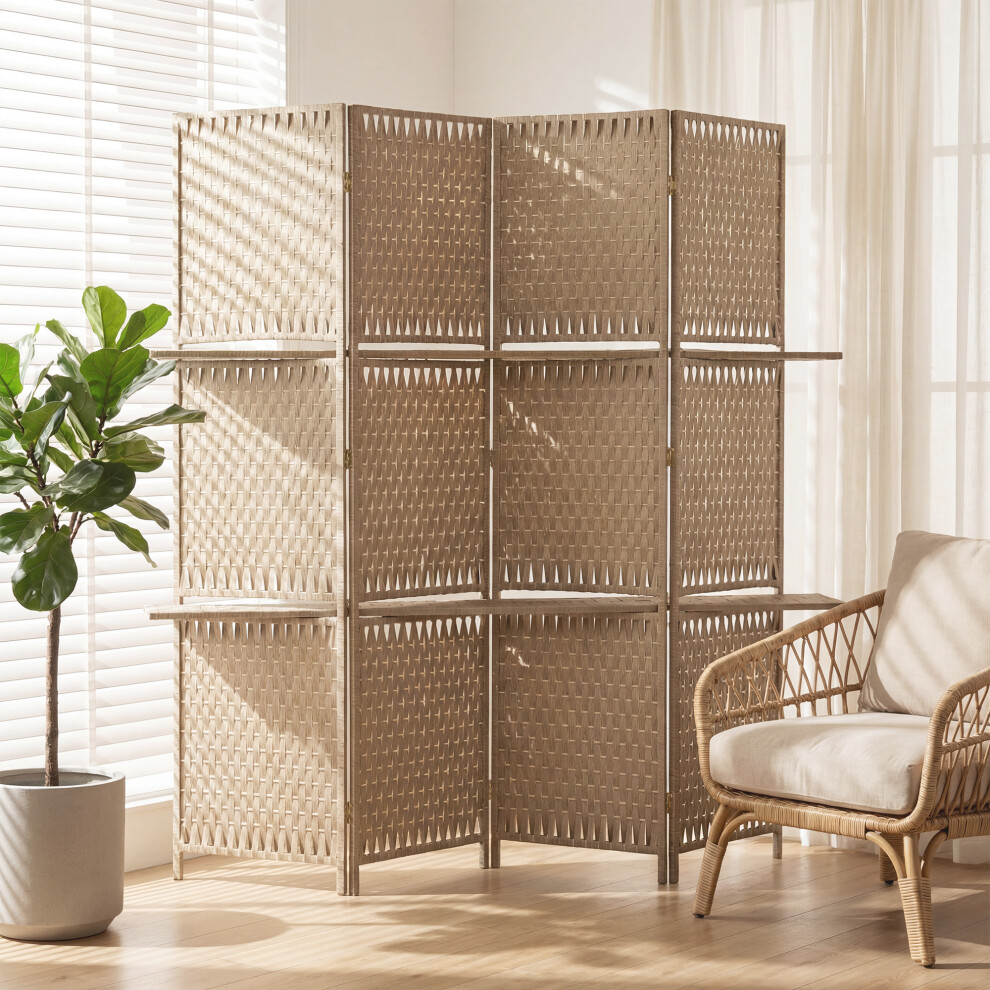 Homcom 4 Panel Folding Room Divider, Privacy Screen With Shelves, Natural