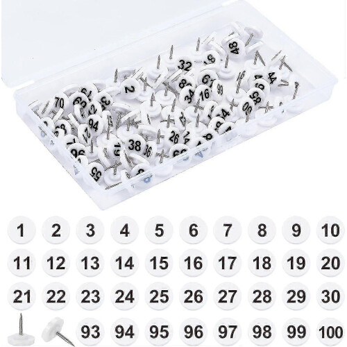 Plastic Map Push Pins with Numbers 1-100, White Base Black Sequential Numbered Drawing Pins for Maps, Boards and Presentations