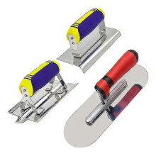 Set van roestvrijstalen troffels, betonkantensnijders en groefmakers, voor metselwerk en doe-het-zelf afwerking, met bladen van 1,3 mm dik.