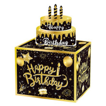 Birthday Money Box, Black and Gold Paper Cash Holder, Pull Out Card, Surprise Presentation for Birthday Celebrations, 13x13x11cm