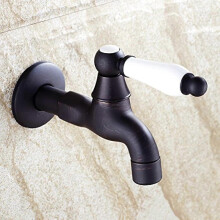Retro Black Antique Copper Wall-mounted Sink Tap, Single Cold Water Outlet, G1/2 International Standard, Ceramic Handle for Kitchen Mop Pool