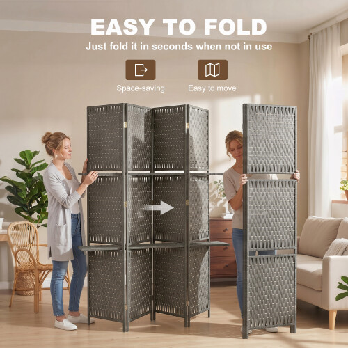 Homcom HOMCOM 4 Panel Folding Room Divider, Privacy Screen with Shelves, Grey 2