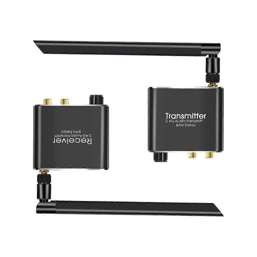 2.4G Wireless Audio Transmitter and Receiver, 50M Range, 3.5mm R/L RCA Audio Adapter, External Antenna, Automatic Connection, Black ABS
```