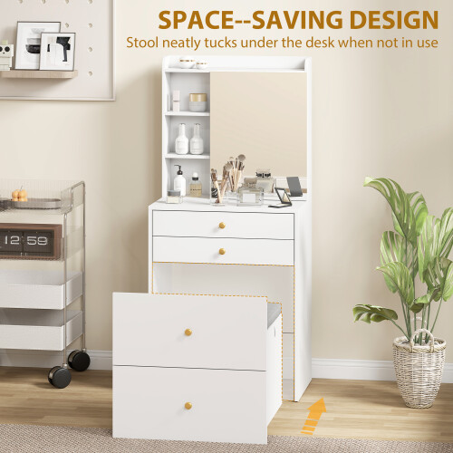 Homcom HOMCOM Dressing Table with Mirror and Stool, Makeup Desk with Drawers, White 2