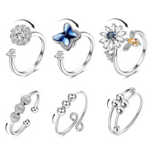 Anxiety Ring for Women Adjustable Rotating Fidget Ring with Zirconia Bead Stress Relief