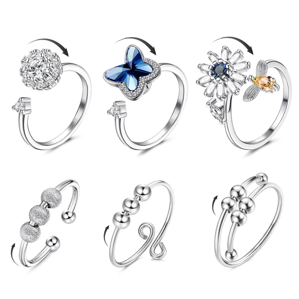 Anxiety Ring For Women Adjustable Rotating Fidget Ring With Zirconia Bead Stress Relief 6901168046920