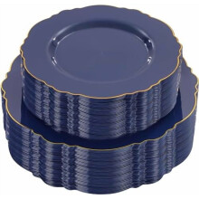 Blue Plastic Plates Baroque Blue Gold 100 pcs