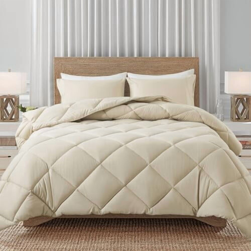King Comforter Set Beige Quilted Down Alternative 3 Pieces