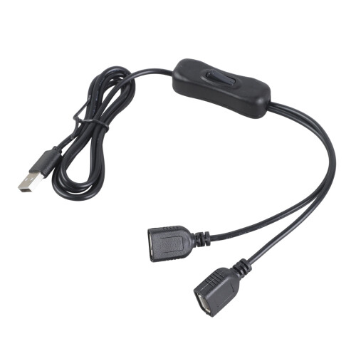USB-verlengkabel met dubbele poort en laadschakelaar.