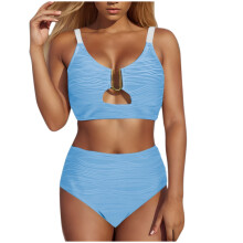 Women's High Waist Bikini Set V-Neck Cutout Textured Ruched