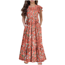 Girls' summer short sleeve dress round neck printed pocket
