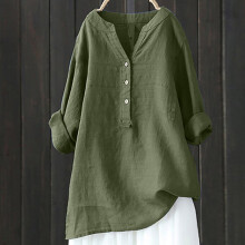 Blusa túnica feminina de algodão e linho com decote em V e mangas compridas.