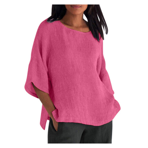 Camicia da donna oversize in cotone, maniche a 3/4, scollo rotondo, taglie S-5XL