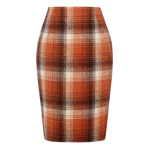 Damesrok met ruitpatroon, hoge taille, wollen midi-model met split