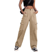 Dames legerbroek met hoge taille en wijde pijpen, 6 zakken.