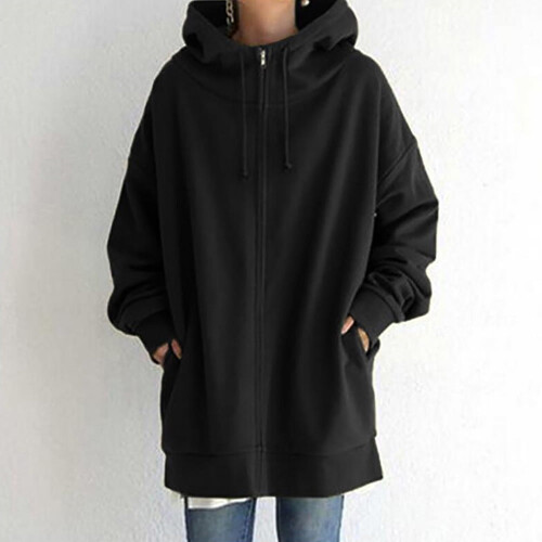 Schwarzer Damen-Kapuzenpullover mit Reißverschluss und Taschen, Größe S