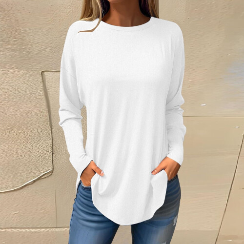Women's Long Sleeve Round Neck Tunic Top White S 1