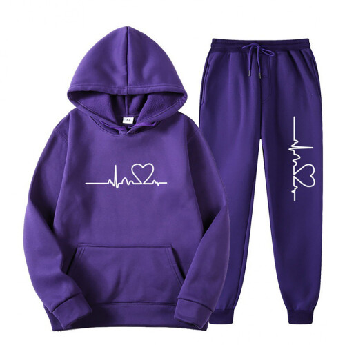 Conjunto feminino de moletom com capuz e calça, roxo, 2 peças.
