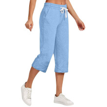 Damen-Caprihose aus Baumwoll-Leinen-Mischgewebe, hellblau, gerades Bein