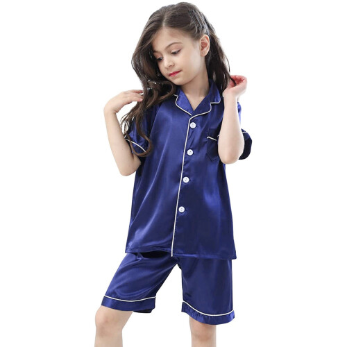 Mädchen-Pyjama-Set aus Seidensatin, dunkelblau, Größe 4-5 2