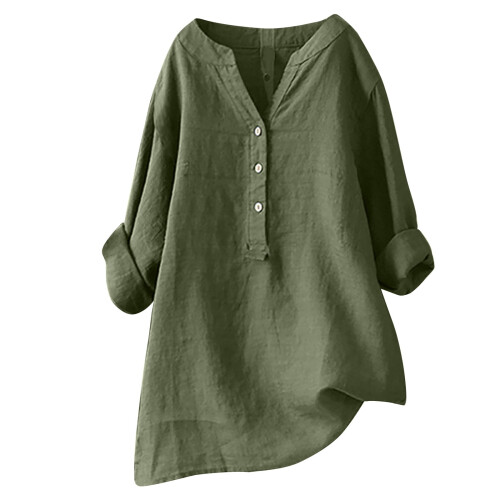 Camicetta tunica da donna in cotone e lino con scollo a V e maniche lunghe 1