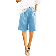 Shorts de linho feminino para treino, com cintura elástica e bolsos.