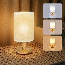 Lampe de chevet en bois à intensité variable (3 niveaux) avec abat-jour en tissu et LED