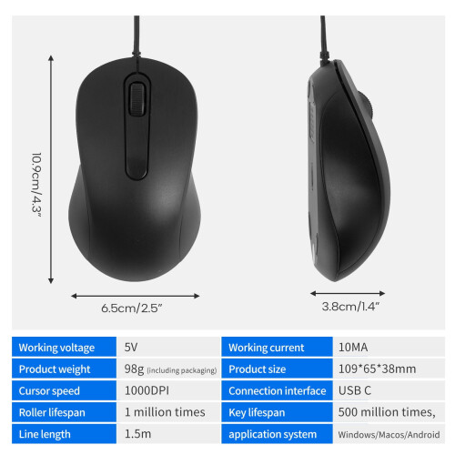 Tragbare USB-C-Maus, 3 Tasten, 1000 DPI, ergonomisch 2