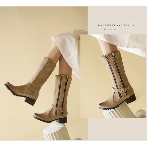 Botas femininas de camurça com cano largo e salto baixo, tamanho 8,5. 1